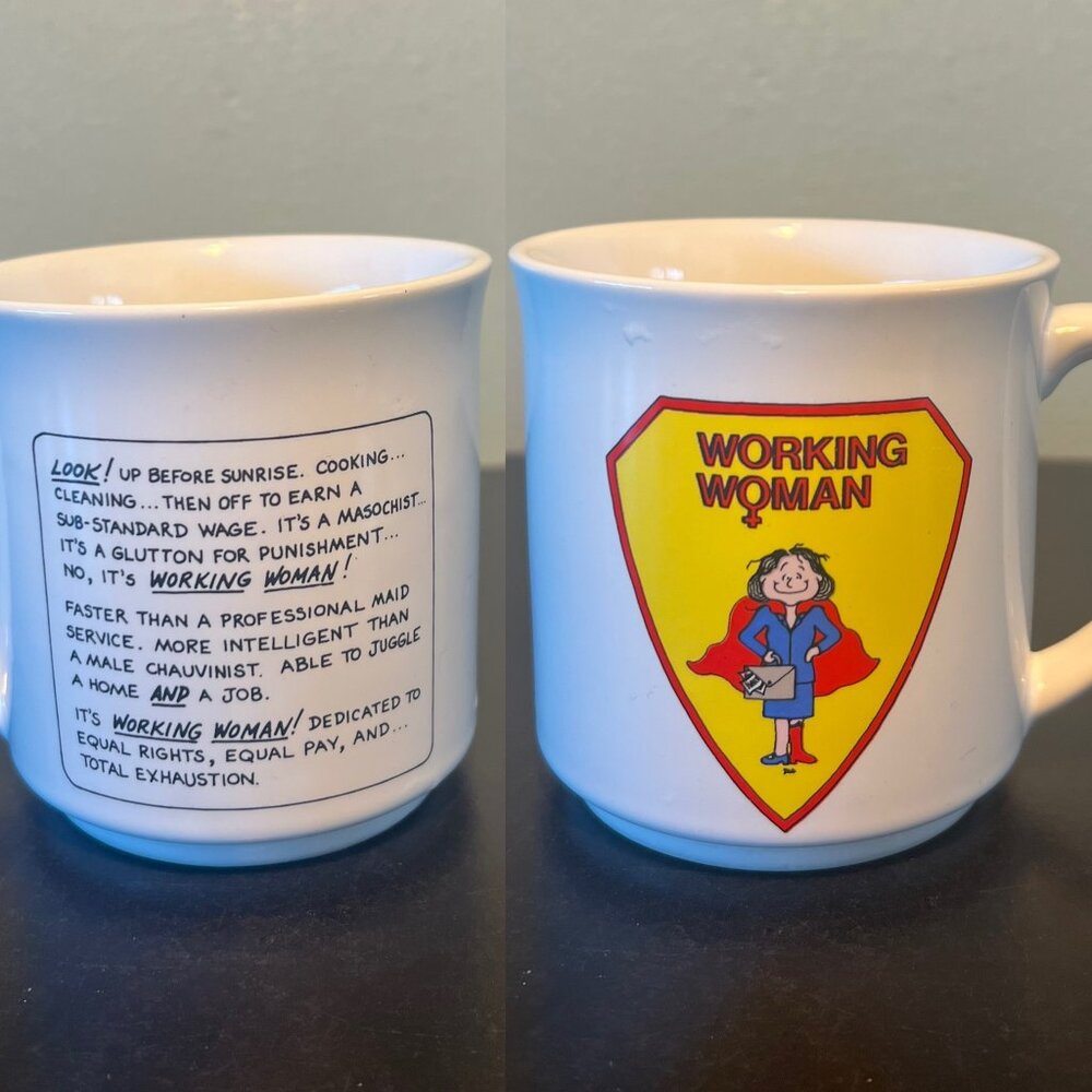 Vintage 80s Working Woman Superhero Coffee Mug Recycled Paper Products Dale Cup